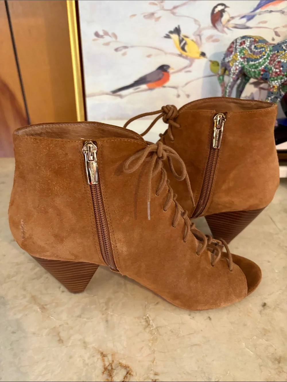 Vince Camito Suede Lace-Up Peep Toe Heeled Booties - Brown